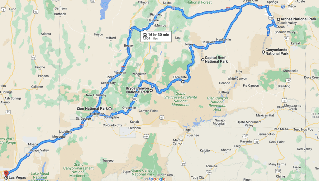 Google Maps Screenshot of Mighty Five Utah Road Trip